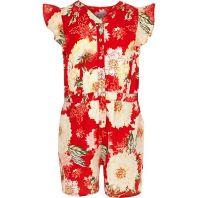 Girls red floral frilly playsuit